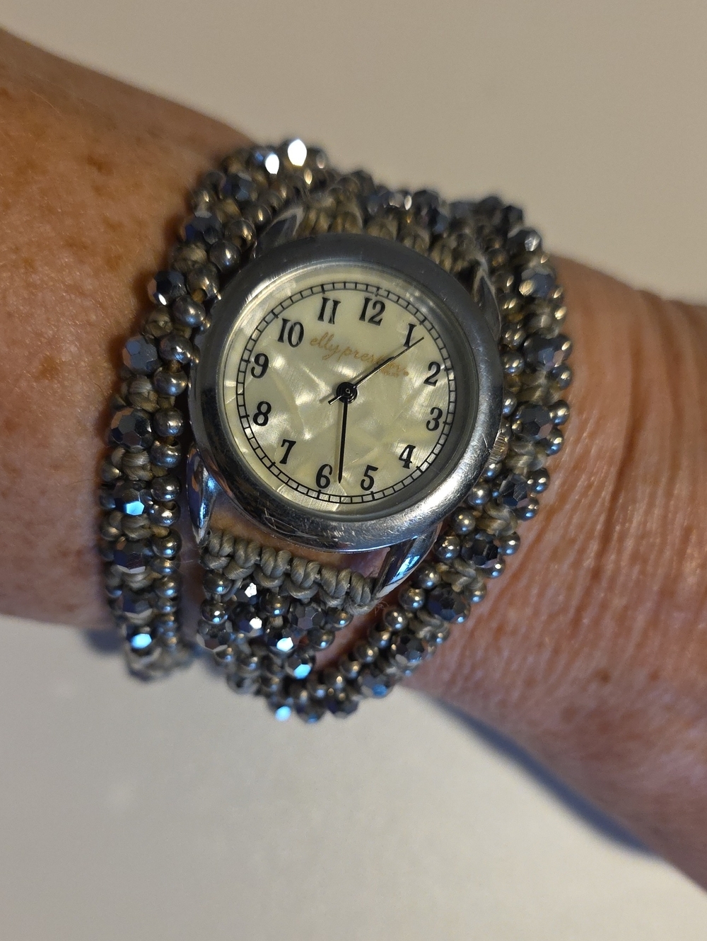 Beaded Wrap Watch Bracelet - Silver Tone with Cream Face